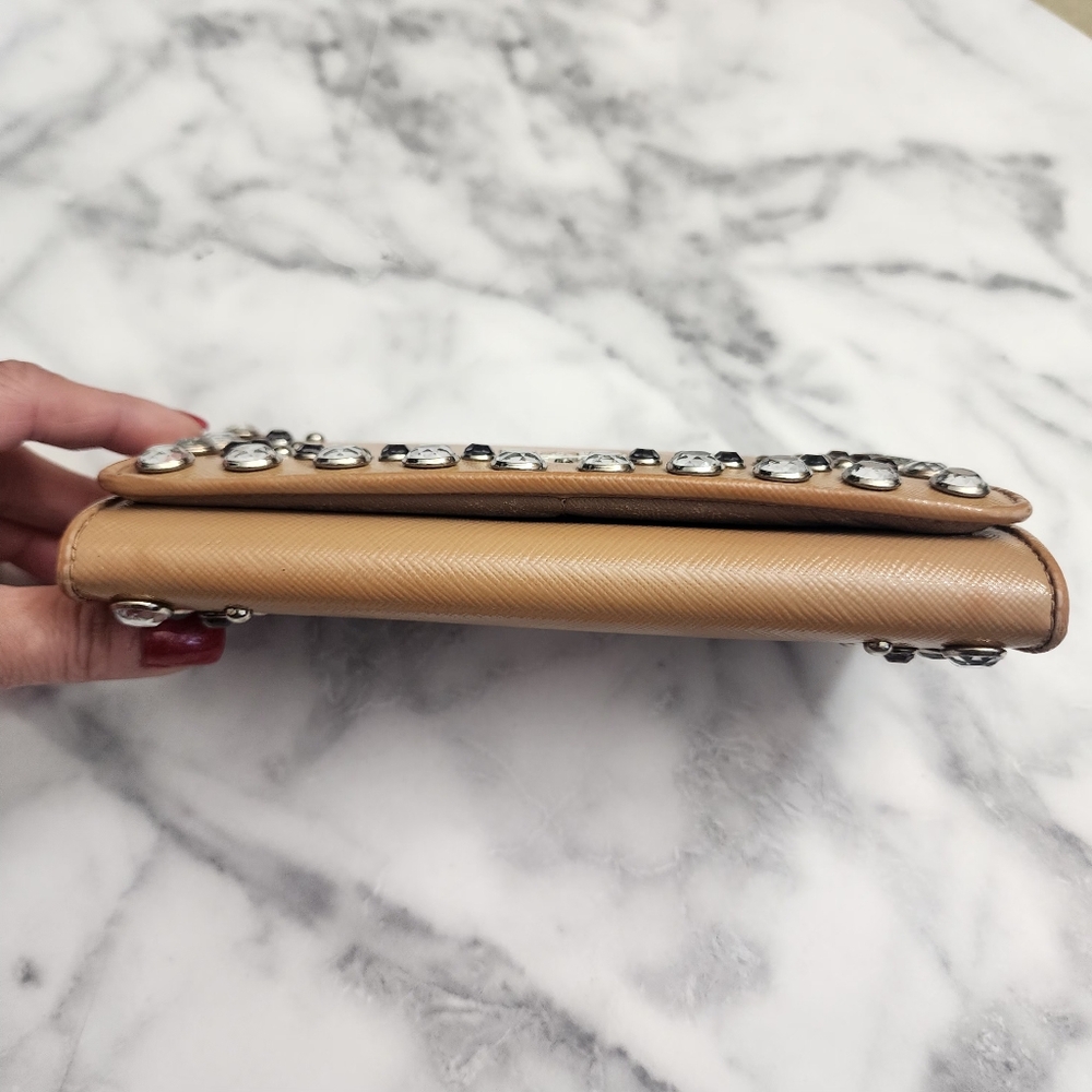 Authentic PRADA Saffiano Patent Leather Vernice Crystal Studded Flap Long Wallet - Picture 6 of 11